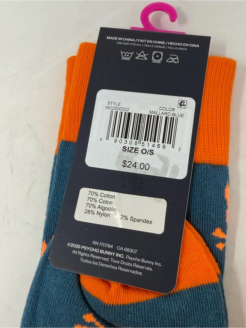 Psycho Bunny Men’s Repeating Logo Pima Cotton Blend Socks 2 pair Orange Blue NWT